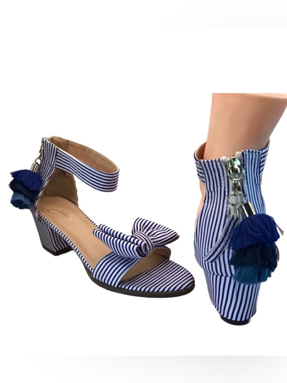 J. ADAMS "APRIL" BLUE & WHITE STRIPED LOW HEEL SANDALS W/POM POMS NIB (7)